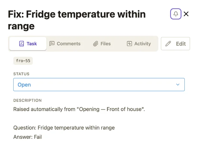 The corrective task a failed fridge check raised: Fix: Fridge temperature within range, still open, raised automatically from the Opening, Front of house checklist, with the question and its Fail answer.