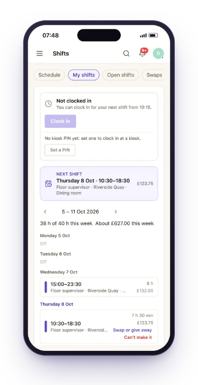 My shifts on a phone before a shift: not clocked in yet, clocking in opens at 10:15 for the 10:30 shift at Riverside Quay, and the week's hours and estimated pay.