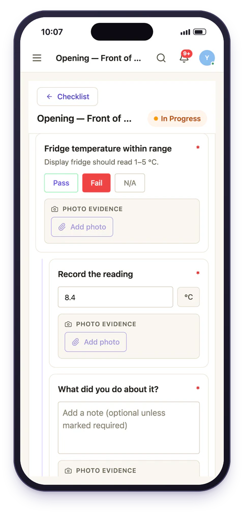 The opening checklist on a phone: the fridge check failed, so a follow-up asks for the reading, 8.4 °C, and what was done about it.