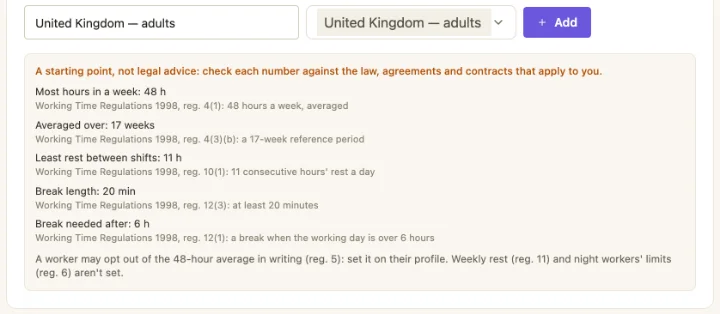 A contract type started from the United Kingdom adults preset, each limit shown with the Working Time Regulations 1998 regulation it comes from.